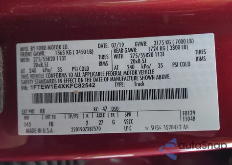 2019 Ford F-150 Xlt из США, поврежденный, VIN 1FTEW1E4XKFC82542